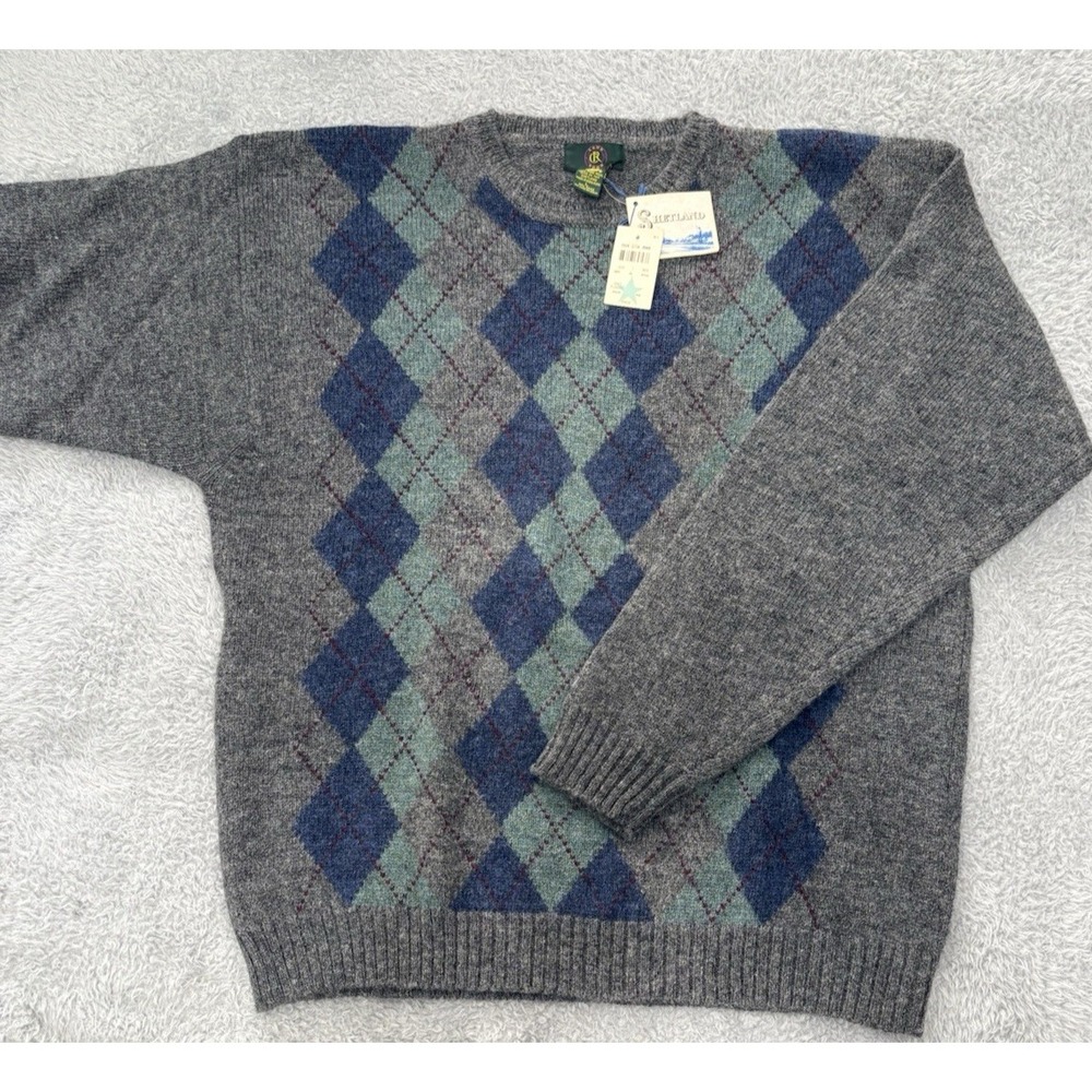 Vintage CR Mens L Shetland Wool Sweater Argyle Gray Blue Green Deadstock NWT